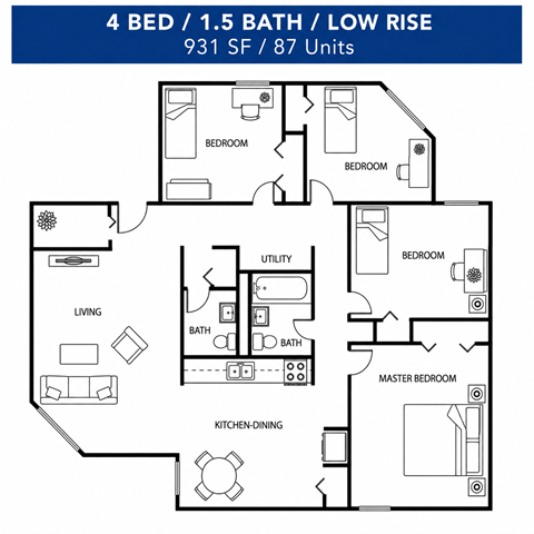 Floor plan for 4 beds, 1.5 baths, 931 sqft